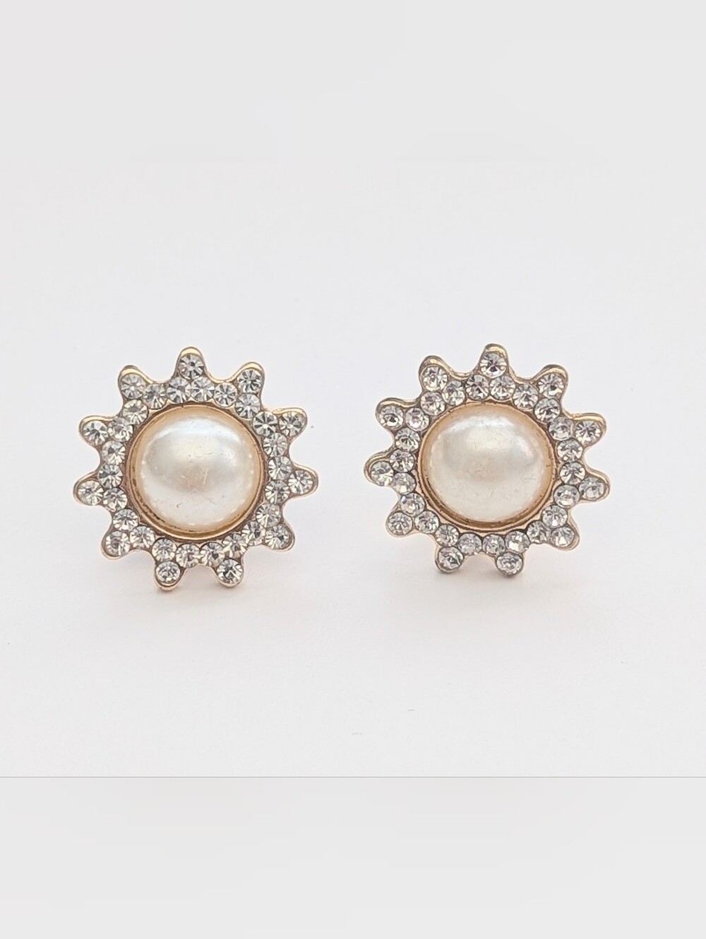 White Faux-Pearl & Clear Crystal Sunburst Clip-On Earrings w/Gold-Tone Setting
